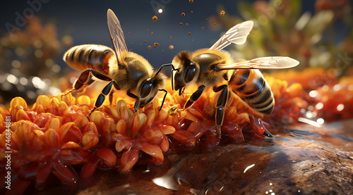 Bees bring pollen into the apiary with sunlight. Generative ai © imam