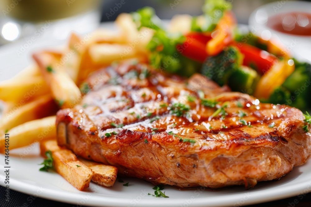 Grilled pork chop with fries and veggies