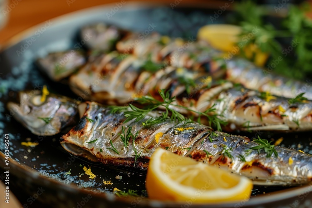 Grilled sardine dish accompanied by lemon and herbs Grilled sardine dish accompanied by lemon and herbs