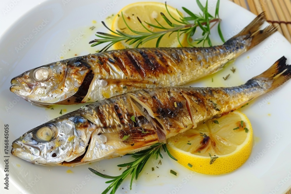 Grilled sardine fish with lemon and rosemary Grilled sardine fish with lemon and rosemary