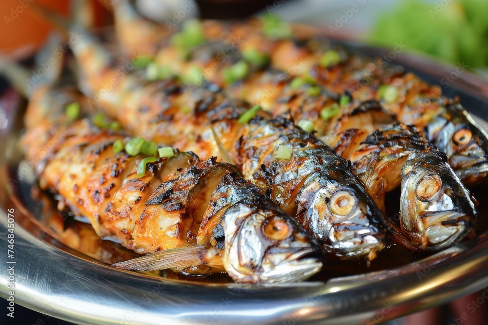 Grilled sardines on a shiny tray