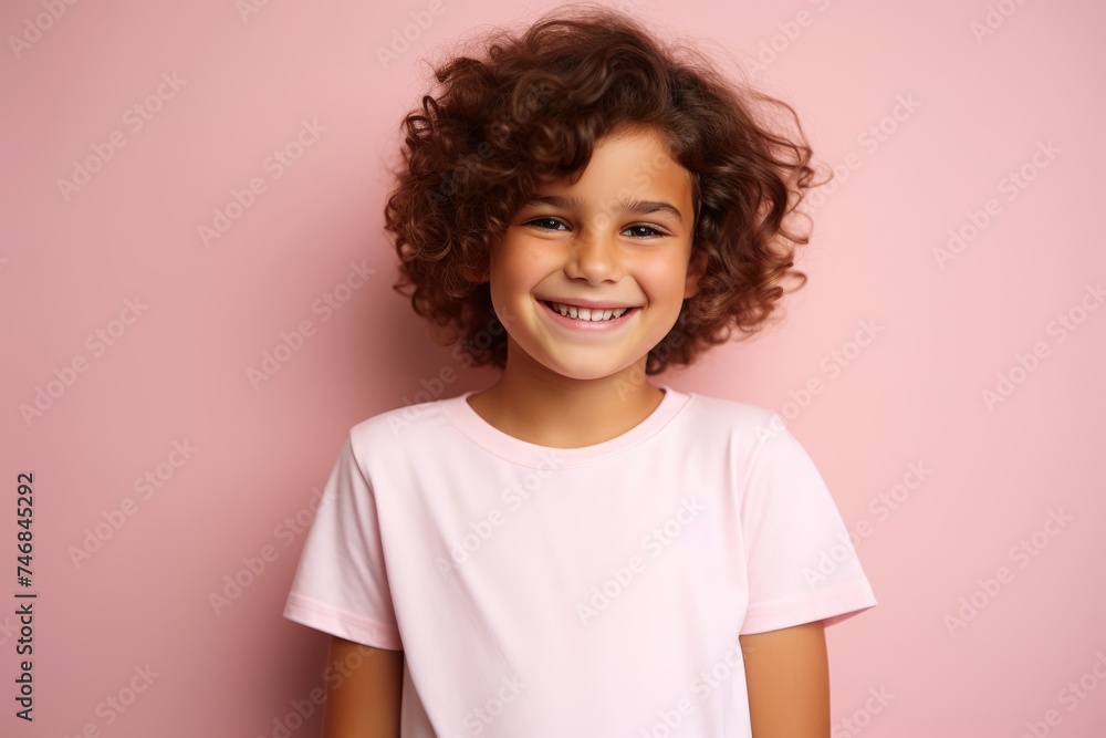Portrait of a smiling little girl with curly hair on a pink background Portrait of a smiling little girl with curly hair on a pink background
