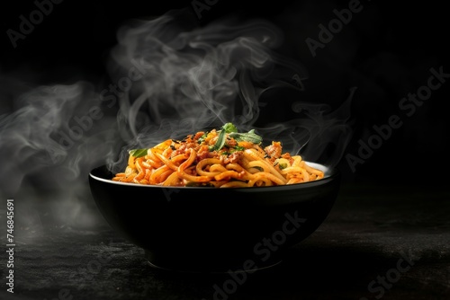 Indo Chinese Schezwan Noodles in black bowl with udon noodles vegetables and spicy sauce photo