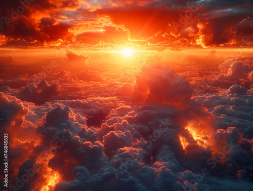 Rising sun high above the clouds, Stunning sunset landscape