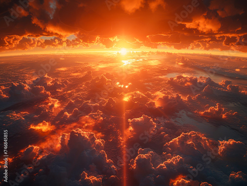 Rising sun high above the clouds, Stunning sunset landscape