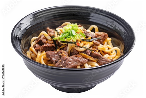 Isolated image of black bowl with beef udon on white background