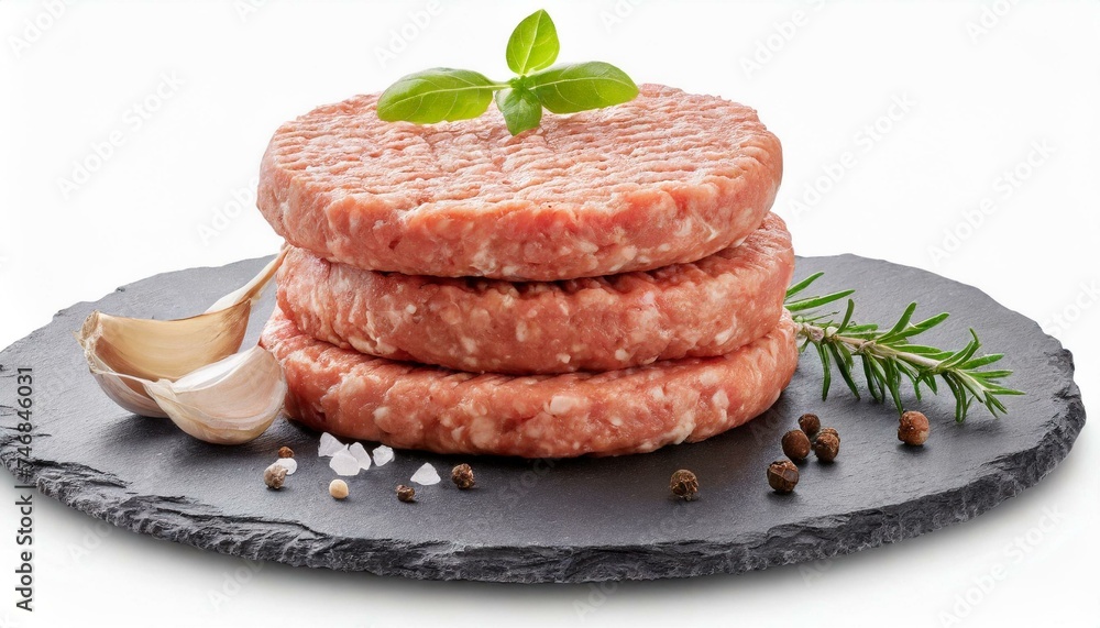 Stack of fresh raw burger patty isolated clipping path white background Stack of fresh raw burger patty isolated clipping path white background