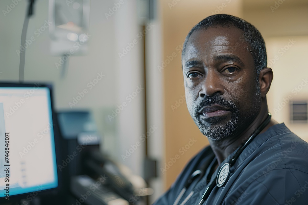 A black specialist who checks and observes academic papers, meeting results, and patient conditions on a computer monitor in the hospital. generative AI A black specialist who checks and observes academic papers, meeting results, and patient conditions on a computer monitor in the hospital. generative AI