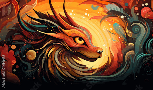 dragon in a cave abstract illustration whimsical doodle art