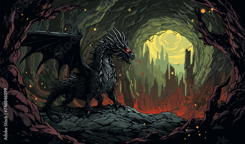 dragon in a cave abstract illustration whimsical doodle art
