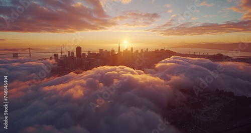 A Breathtaking View of San Francisco Shrouded in Mist at Sunrise - Generative AI.