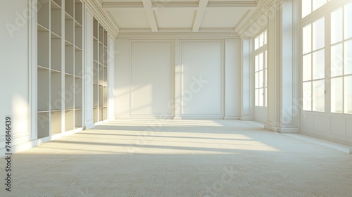 Spacious empty room with large windows and natural light illuminating elegant interior