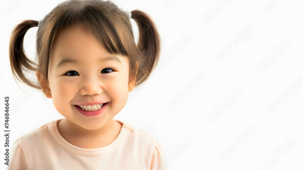 Closeup of a happy little Asian or Chinese toddler girl smiling, studio photography. Adorable female preschooler, innocent daughter looking at the camera, isolated on a white background Closeup of a happy little Asian or Chinese toddler girl smiling, studio photography. Adorable female preschooler, innocent daughter looking at the camera, isolated on a white background