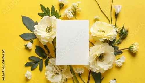 Composition with blank card and delicate flowers on yellow background 