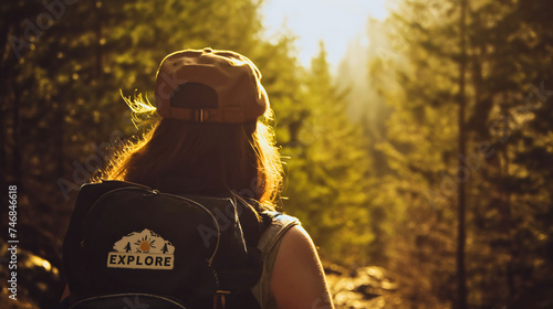 Rearview photography of a woman wearing a black hiking backpack full of camping and mountaineering equipment, walking in sunny nature forest paths, exploring the wilderness adventures