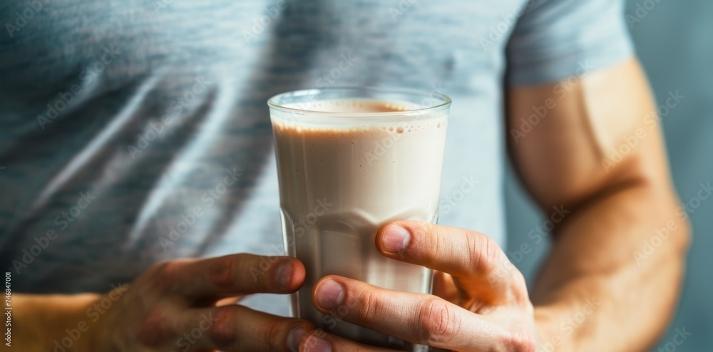 Male bodybuilder preparing whey protein shake for nutrition and muscle gain Male bodybuilder preparing whey protein shake for nutrition and muscle gain