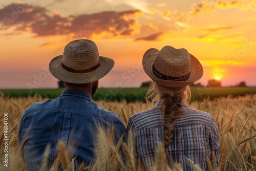 Male and female farmers anticipate sunset above a wheat field in agribusiness