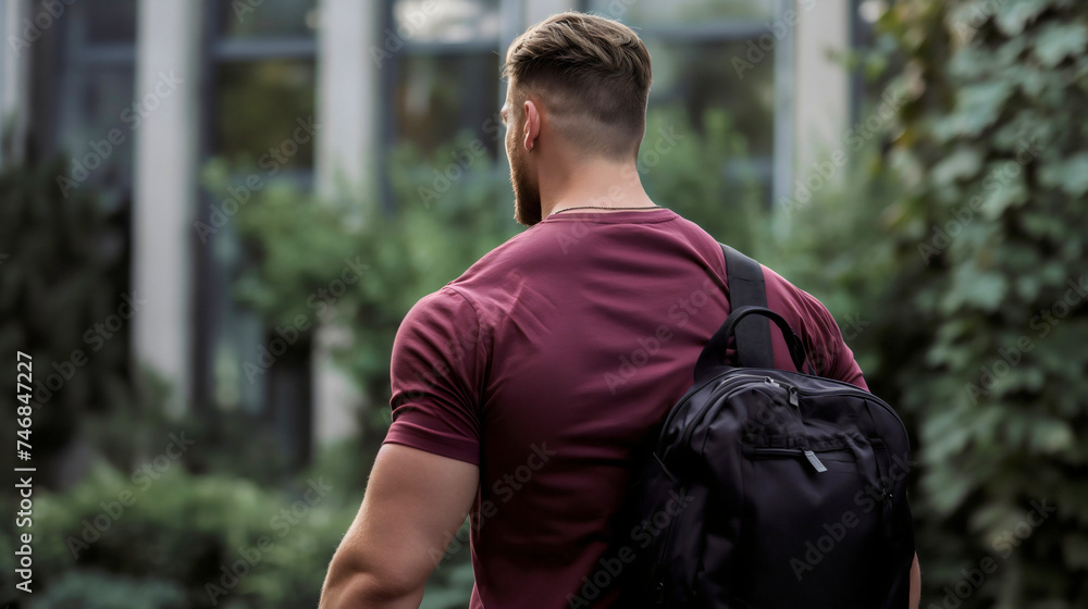 Fototapeta premium Rearview of the muscular and handsome young Caucasian man, fit guy wearing a t shirt and a backpack, walking towards the gym to workout or train indoors for strength