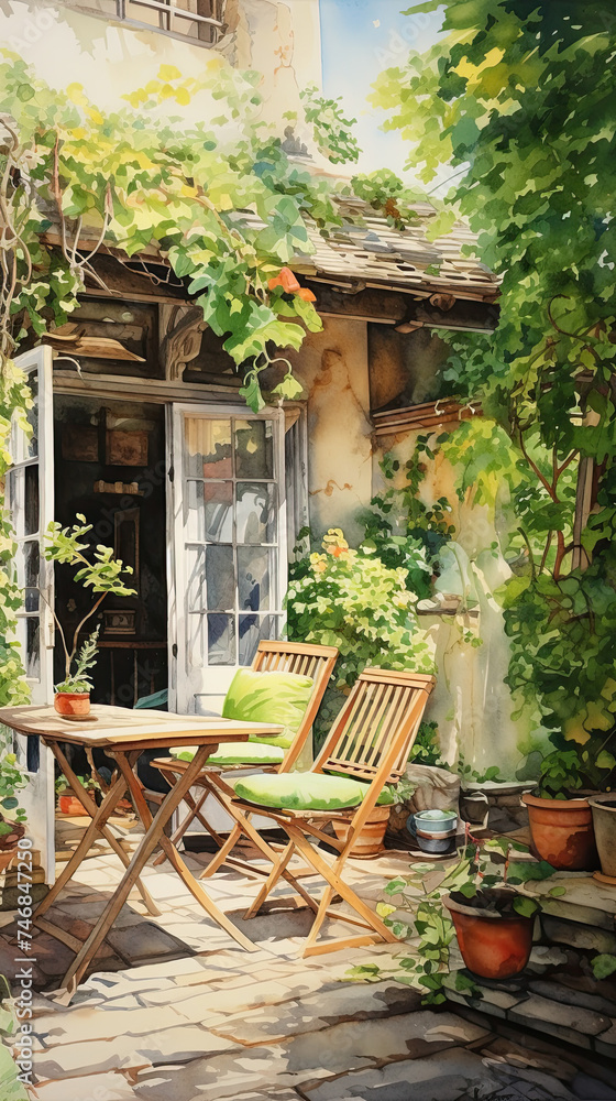 Cozy and inviting corner of a rustic garden, two wooden chairs and a matching table as serenity moment of relaxation amidst the climbing vines and flourishing plants. Garden solace in nature' embrace