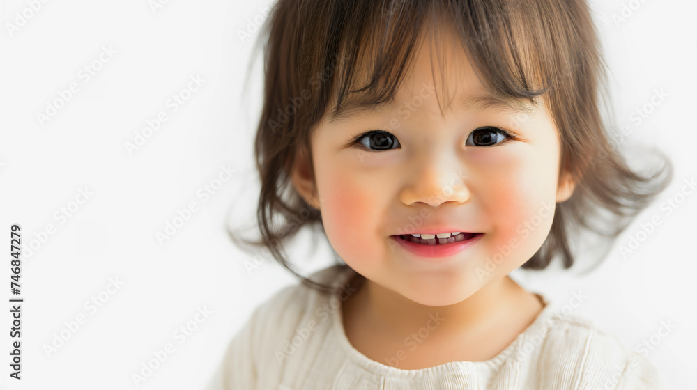 Closeup of a happy little Asian or Chinese toddler girl smiling, studio photography. Adorable female preschooler, innocent daughter looking at the camera, isolated on a white background Closeup of a happy little Asian or Chinese toddler girl smiling, studio photography. Adorable female preschooler, innocent daughter looking at the camera, isolated on a white background