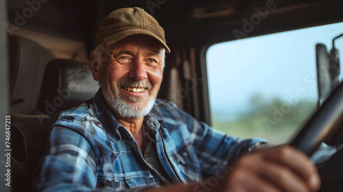 Professional senior male truck driver, wearing a shirt and a cap, sitting inside the truck cabin, smiling at the camera. Trucking transportation job worker, happy middle aged man