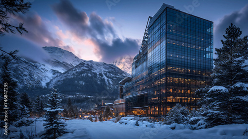 Tall luxurious hotel building made of glass, snowy landscape in the mountains. Resort for the tourists who are coming to recreational activities for the weekend, cold weather, residential architecture © Nemanja