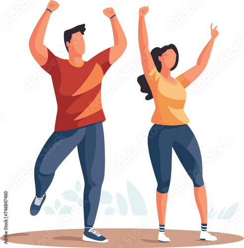Young man woman celebrating success outdoors. Happy energetic couple cheering raised fists. Joyful achievement exciting moment vector illustration