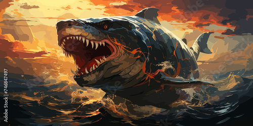 fantasy scenery of a giant whale flying above city against sunset sky, digital art style, illustration painting