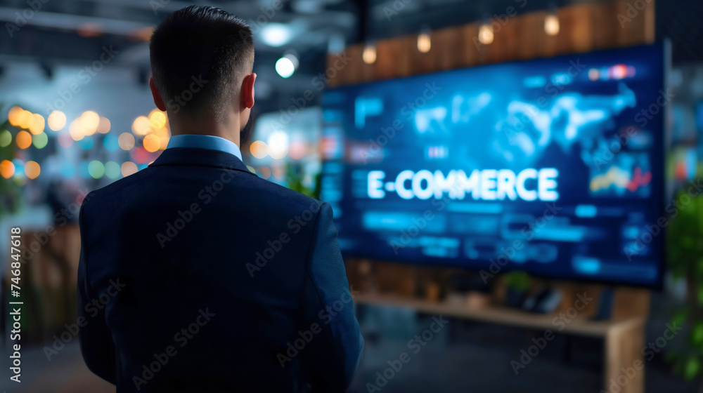Fototapeta premium Rearview of the businessman wearing an elegant suit and looking at the large monitor or TV display screen for e-commerce business. Standing in office interior, product network, marketing strategy