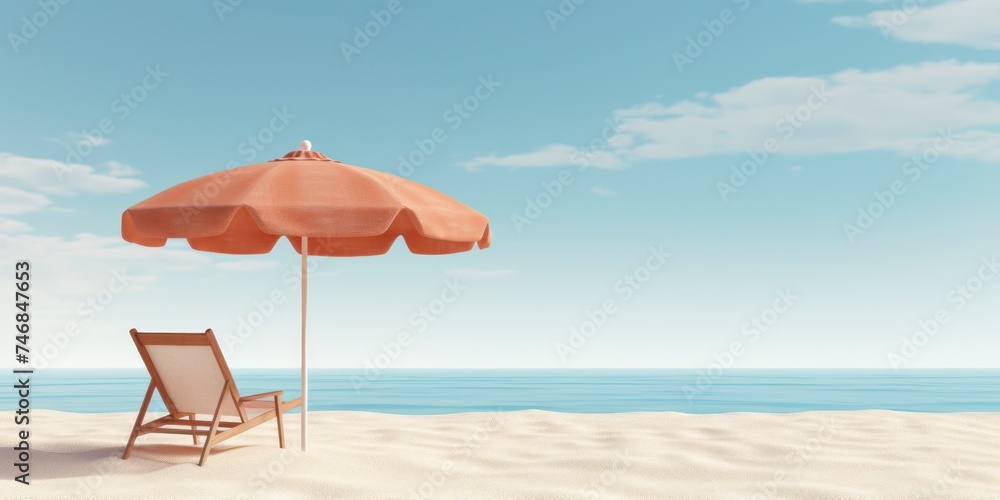 Beach chair and umbrella on the sandy beach.