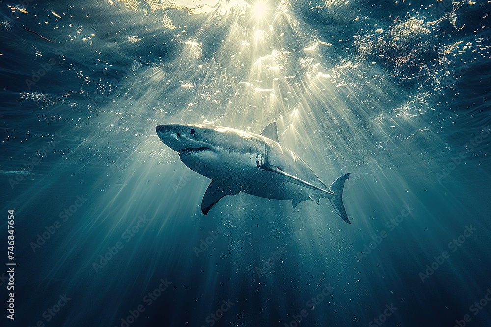 Great white shark with its main four fins swimming under sun rays in the blue Pacific Ocean - obrazy, fototapety, plakaty 