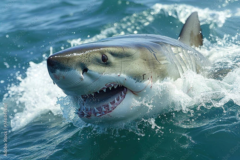 Obraz premium A plus four meter great white shark jumping out of the water with an open mouth full of teeth