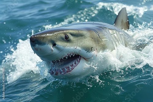 A plus four meter great white shark jumping out of the water with an open mouth full of teeth © Vasiliy