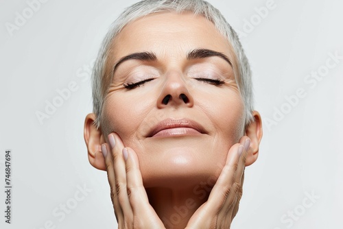 Mid 50s senior woman advertises salon care products for youthful skin touching her flawless face with closed eyes