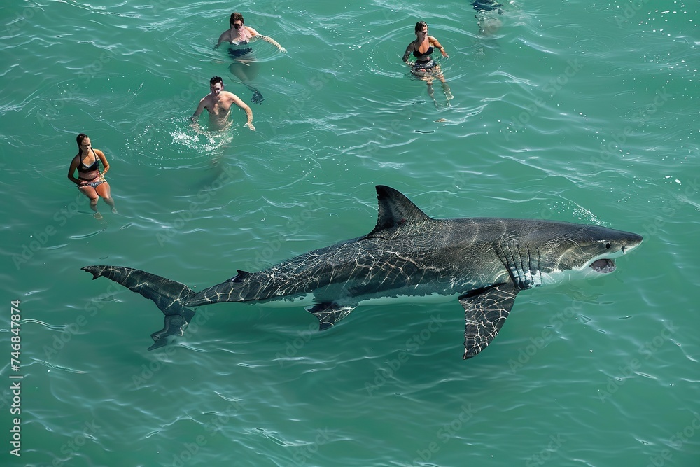 Fototapeta premium Huge Great White Shark swimming near tourists on the beach