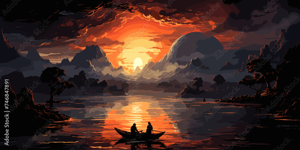 fantasy world scenery showing a boy rowing a boat in the land of volcanic, digital art style, illustration painting - obrazy, fototapety, plakaty 