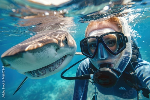 Underwater selfie with friend. Scuba diver and shark in deep sea