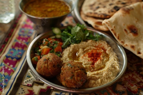 Middle Eastern vegetarian food made of fried balls of chickpeas or fava beans served with a dip and bread