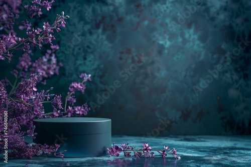 Mock up of trendy 2023 cosmetic display with podium and vibrant purple flowers on dark teal background