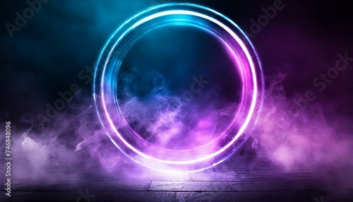 Sci Fi modern. Futuristic smoke. Neon color geometric circle on a dark background. Round mystical portal