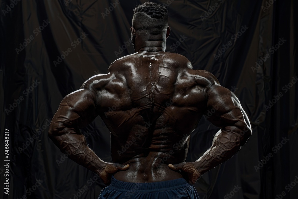 Muscular bodybuilder displaying back muscles on dark background