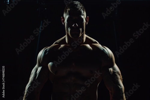 Muscular bodybuilder posing showcasing muscles on black backdrop