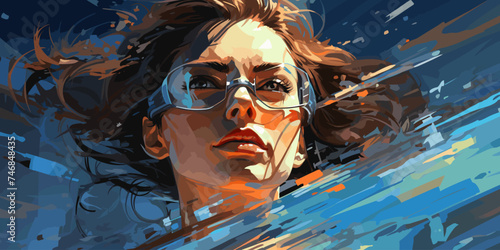 female swimming athlete is diving underwater in the swimming pool with the determination eyes vector flat bright colors