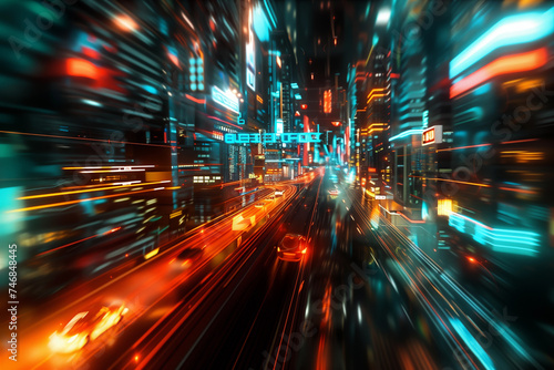 High-Speed Motion through a Cyberpunk Cityscape at Night
