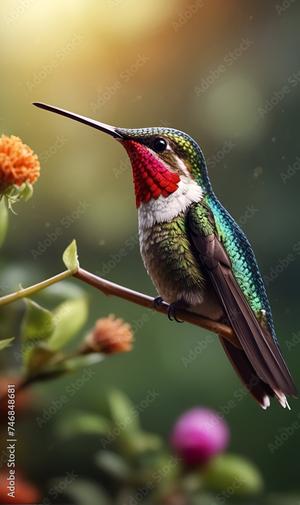 Obraz premium a hummingbird-like bird perched on a branch next to the flowers.