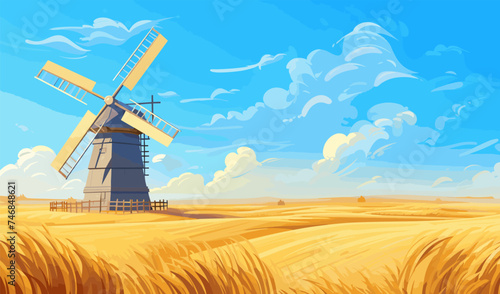 field of wheat with windmill vector simple 3d isolated illustration