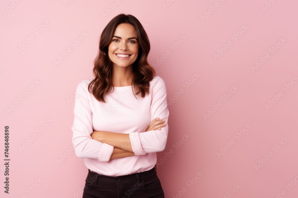 Portrait of happy young businesswoman with crossed arms over pink background Portrait of happy young businesswoman with crossed arms over pink background