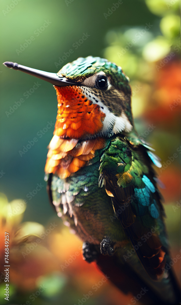 Fototapeta premium a hummingbird-like bird perched on a branch next to the flowers.