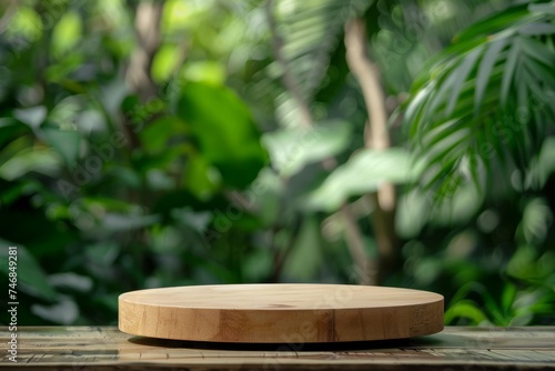 Outdoor podium in tropical forest with blurred green leaf background Natural cosmetic product display on pedestal stand embodying the summer jungle