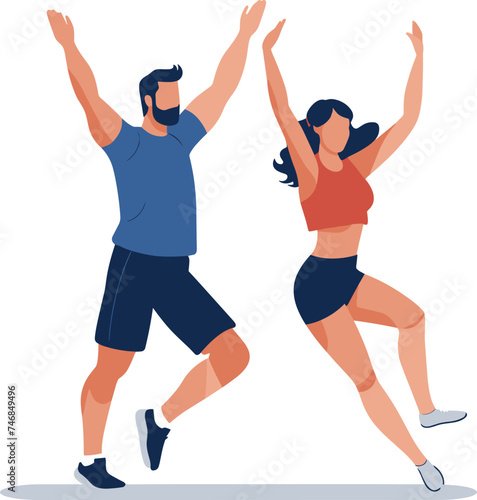 Happy man woman dancing celebrating joyfully. Young adult couple casual clothes enjoying fun moment together. Joy, dance, fitness lifestyle vector illustration